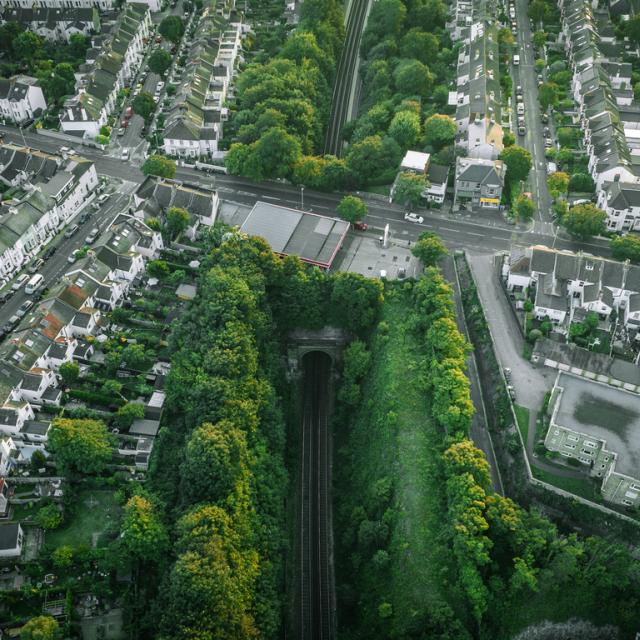 Aerial view of Brighton streets, East Sussex, UK